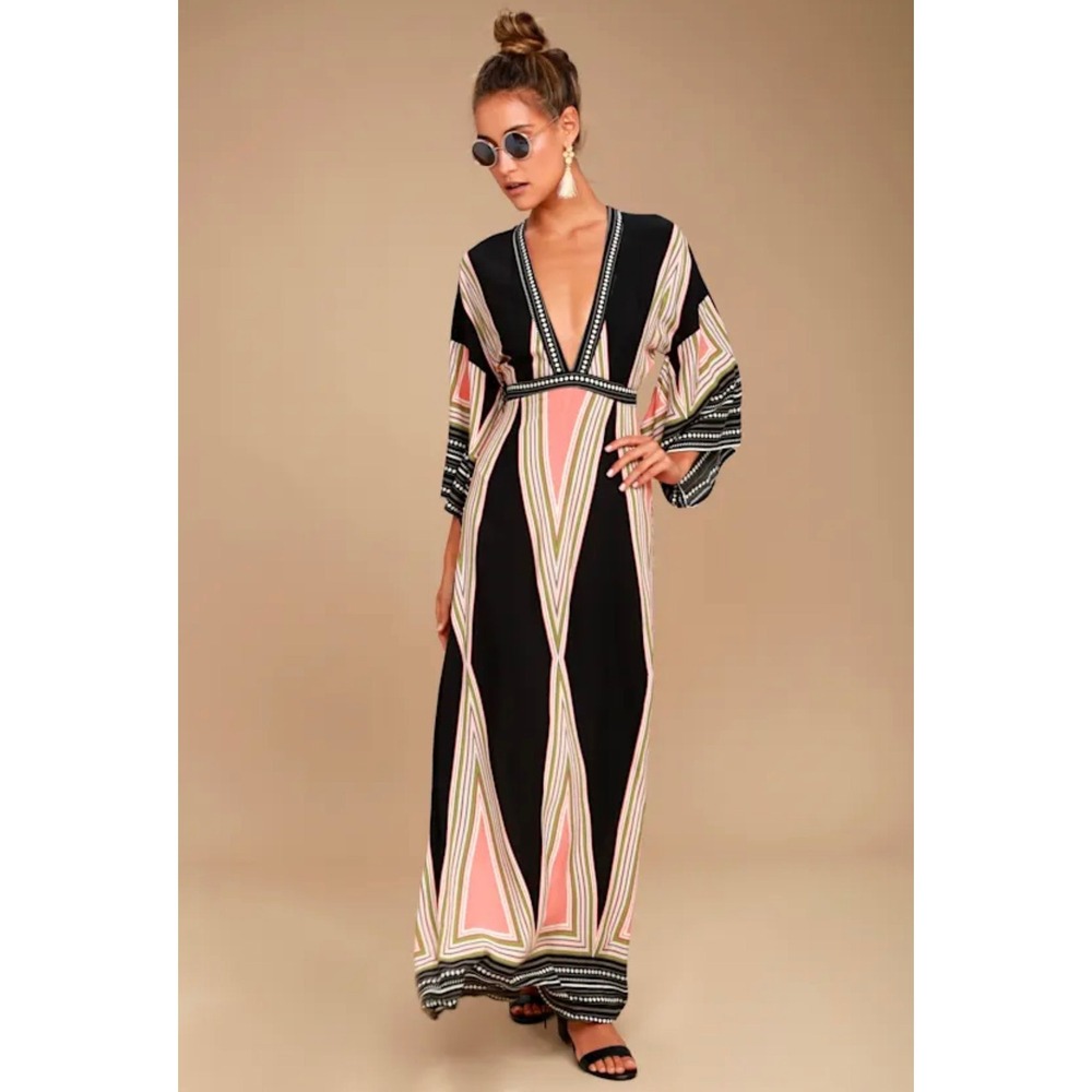 Lulus Montecito Maxi Dress Geometric Print Womens M Black Pink Boho Resortwear
